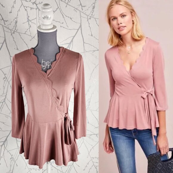 Eri + Ali Blush Pink Modal Blend Scalloped Wrap Blouse Feminine - Picture 1 of 5